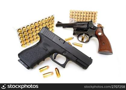 Pistol and revolver isolated on a white background. with ammunition. Pistol and Revolver