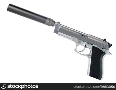 Pistol with a silencer isolated on white background. Pistol with a silencer