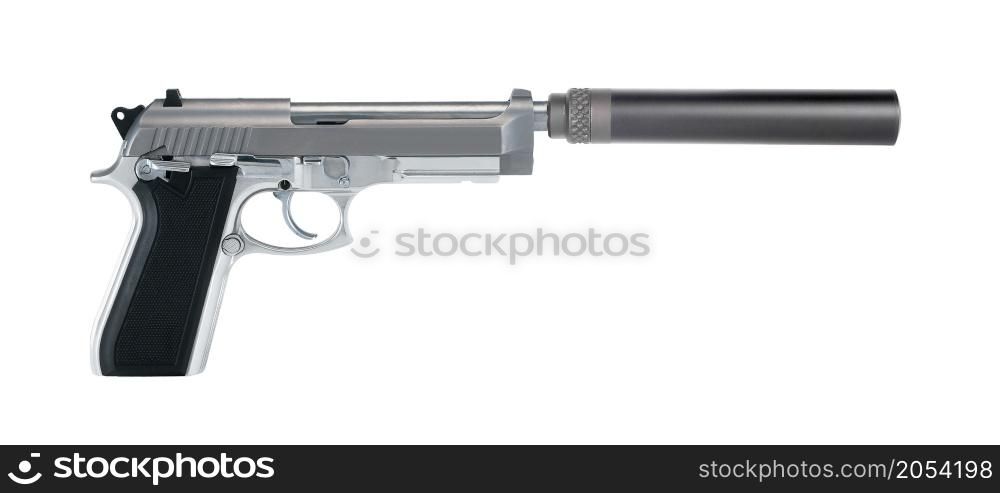 Pistol with a silencer isolated on white background. Pistol with a silencer isolated