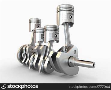 Pistons and crankshaft. four cylinder engine. 3d