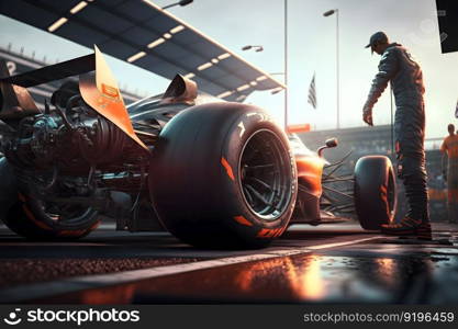 pit stop workers and engineers maintaining technical service for a racing car during competition event. Neural network AI generated art. pit stop workers and engineers maintaining technical service for a racing car during competition event. Neural network AI generated