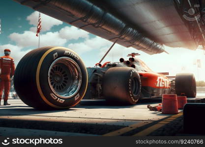 pit stop workers and engineers maintaining technical service for a racing car during competition event. Neural network AI generated art. pit stop workers and engineers maintaining technical service for a racing car during competition event. Neural network AI generated