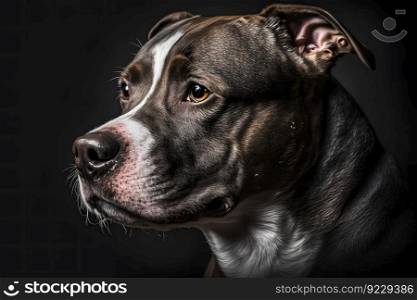 Pitbull dog portrait on black background. Neural network AI generated art. Pitbull dog portrait on black background. Neural network AI generated