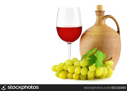 Pitcher with grape wine, glass and bunch grapes isolated on white background. Free space for text