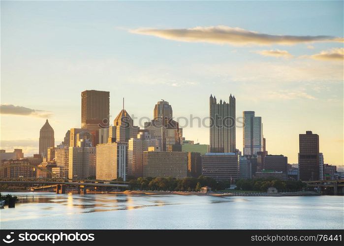 Pittsburgh cityscape with the Ohio river in the morning