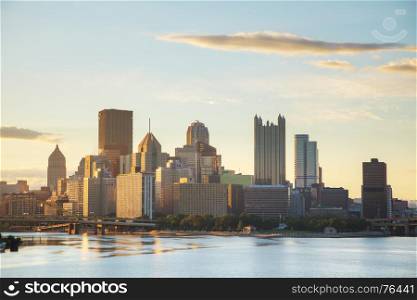 Pittsburgh cityscape with the Ohio river in the morning