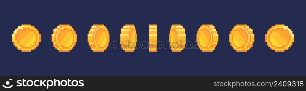 Pixel coin animation. Animation footage of a gold coin. 8-bit Retro video game style. Vector. Pixel coin animation. Animation footage of a gold coin. 8-bit Retro video game style. Vector illustration