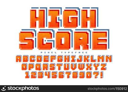 Pixel vector font design, stylized like in 8-bit games. High contrast, retro-futuristic. Easy swatch color control. Vector illustration, decorative typeset. EPS10. Pixel vector font design, stylized like in 8-bit games