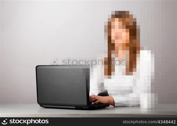 pixelated business woman is sitting in the office with laptop.