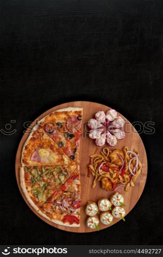 pizza and sushi. composition at plate by pizza and sushi for fast food illustration