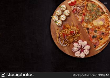pizza and sushi . composition at plate by pizza and sushi for fast food illustration