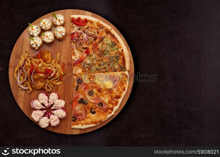 pizza and sushi f. composition at plate by pizza and sushi for fast food illustration