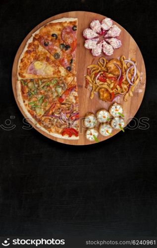 pizza and sushi f. composition at plate by pizza and sushi for fast food illustration