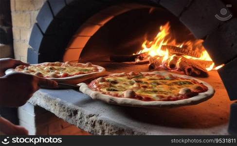 Pizza baking in a stone oven