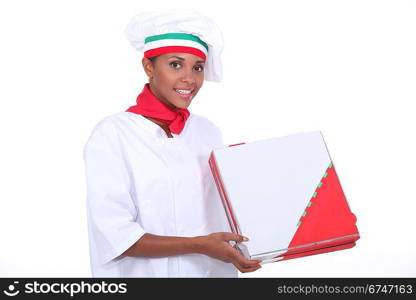 Pizza chef with a takeaway box
