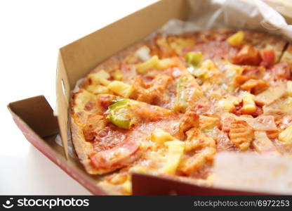 pizza , chicken green pepper pineapple in box isolated in white background