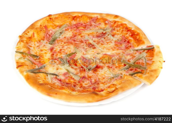 pizza closeup with boiled sausage, ham, marinated gherkin and mozzarella cheese