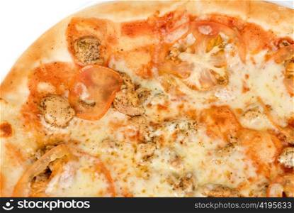 pizza closeup with chicken fillet, tomato and mozzarella cheese