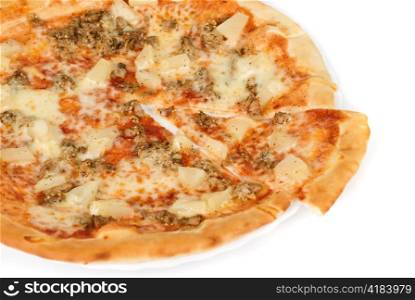 pizza closeup with roast chicken, pineapple, sesame, garlic and mozzarella cheese