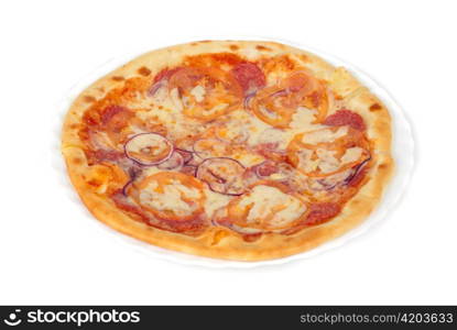 pizza closeup with salami, tomato, onion and mozzarella cheese