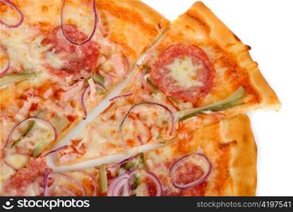 pizza closeup with smoked meat, salami, gherkin, onion and mozzarella cheese