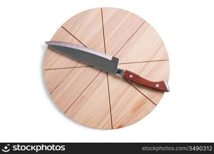 Pizza cutting board and knife isolated on a white background