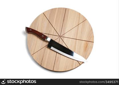 Pizza cutting board and knife isolated on a white background