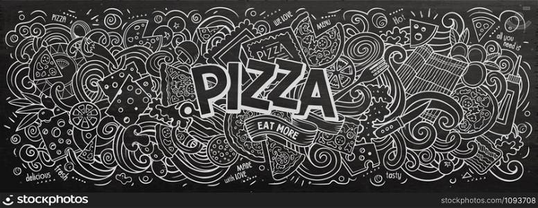 Pizza hand drawn cartoon doodles illustration. Pizzeria funny objects and elements design. Creative art background. Line art vector banner. Pizza hand drawn cartoon doodles illustration. Line art vector banner