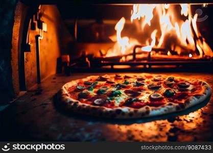pizza in a traditional pizza oven.  Cooking Pizza.  Generative AI 