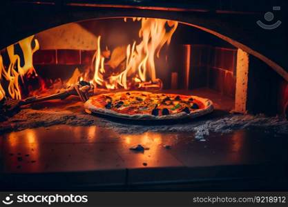 pizza in a traditional pizza oven.  Cooking Pizza.  Generative AI 