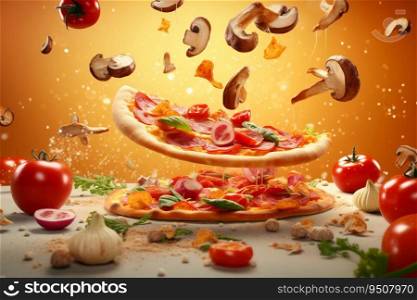 Pizza ingredients flying above the pizza on the kitchen table, generative ai