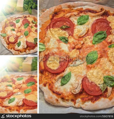 pizza margarita. set of italian pizza with mozzarella cheese tomato and basil leaves