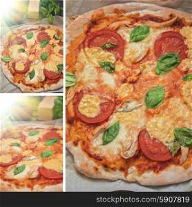 pizza margarita. set of italian pizza with mozzarella cheese tomato and basil leaves