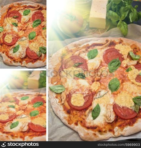 pizza margarita set. rustic italian pizza with mozzarella cheese tomato and basil leaves