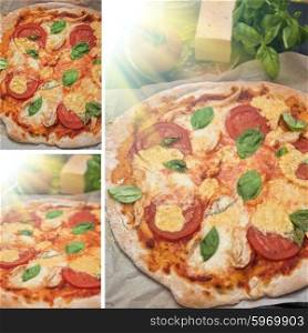pizza margarita set. rustic italian pizza with mozzarella cheese tomato and basil leaves