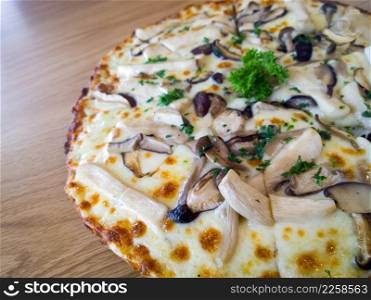 Pizza mushroom and cheese on a wooden board