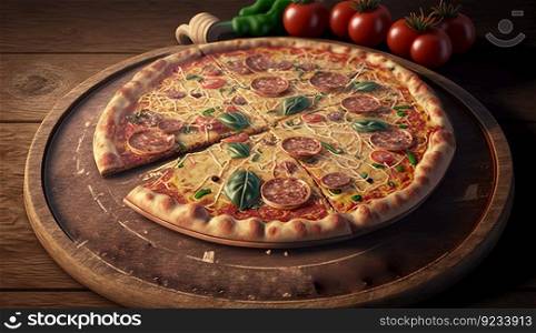 Pizza Neapolitan, cut into pieces, dark background. Traditional Italian cuisine. Header banner mockup with copy space. AI generated.. Pizza Neapolitan, cut into pieces, dark background. Traditional Italian cuisine. AI generated.