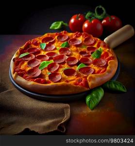 Pizza on black board. Illustration AI Generative 