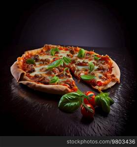 Pizza on black board. Illustration AI Generative 