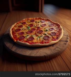 Pizza on wooden board. Illustration AI Generative 