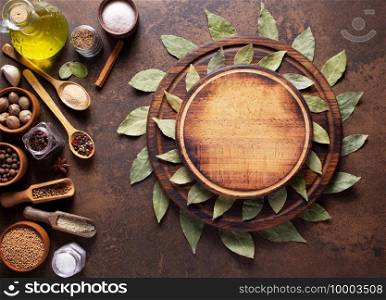Pizza or bread cutting board with bakery ingredients for homemade baking on table. Food recipe concept at stone background texture with copy space. Flat lay top view