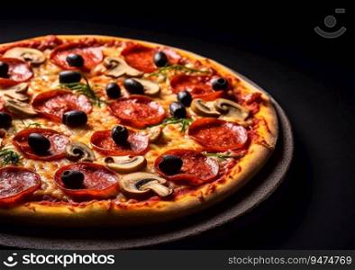 Pizza pepperoni with olives and mushrooms on black.AI Generative