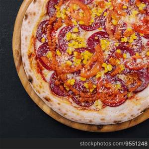 Pizza pepperoni with tomatoes and corn