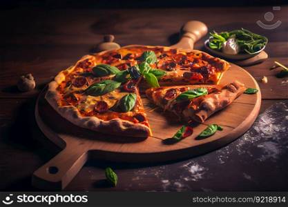 pizza served on wooden board.  Generative AI 
