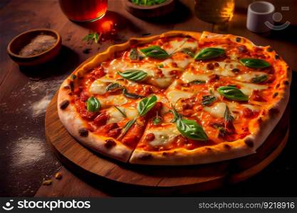 pizza served on wooden board.  Generative AI
