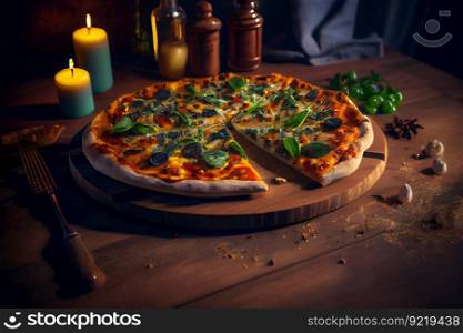 pizza served on wooden board.  Generative AI 