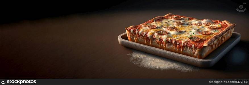Pizza Sicilian, cut into pieces, dark background. Traditional Italian cuisine. Header banner mockup with copy space. AI generated.. Pizza Sicilian, cut into pieces, dark background. Traditional Italian cuisine. AI generated.