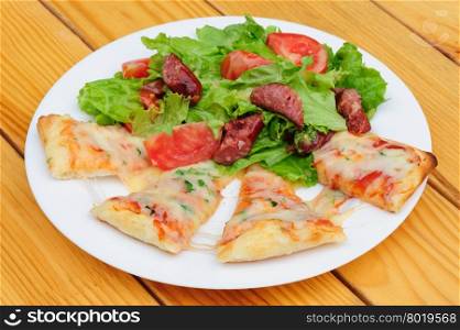 Pizza slices and salad. Pizza slices with melted cheese and fresh vegetables salad