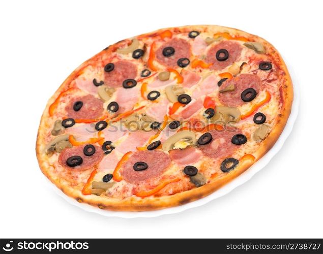 pizza with bacon, peperoni, mushrooms and black olives, clipping path