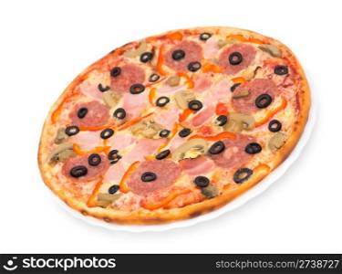 pizza with bacon, peperoni, mushrooms and black olives, clipping path